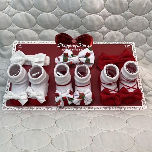 Baby Holiday Socks & Headwraps Girls Gift Set Size 0/6m Christmas Soft Headbands - Picture 2 of 8